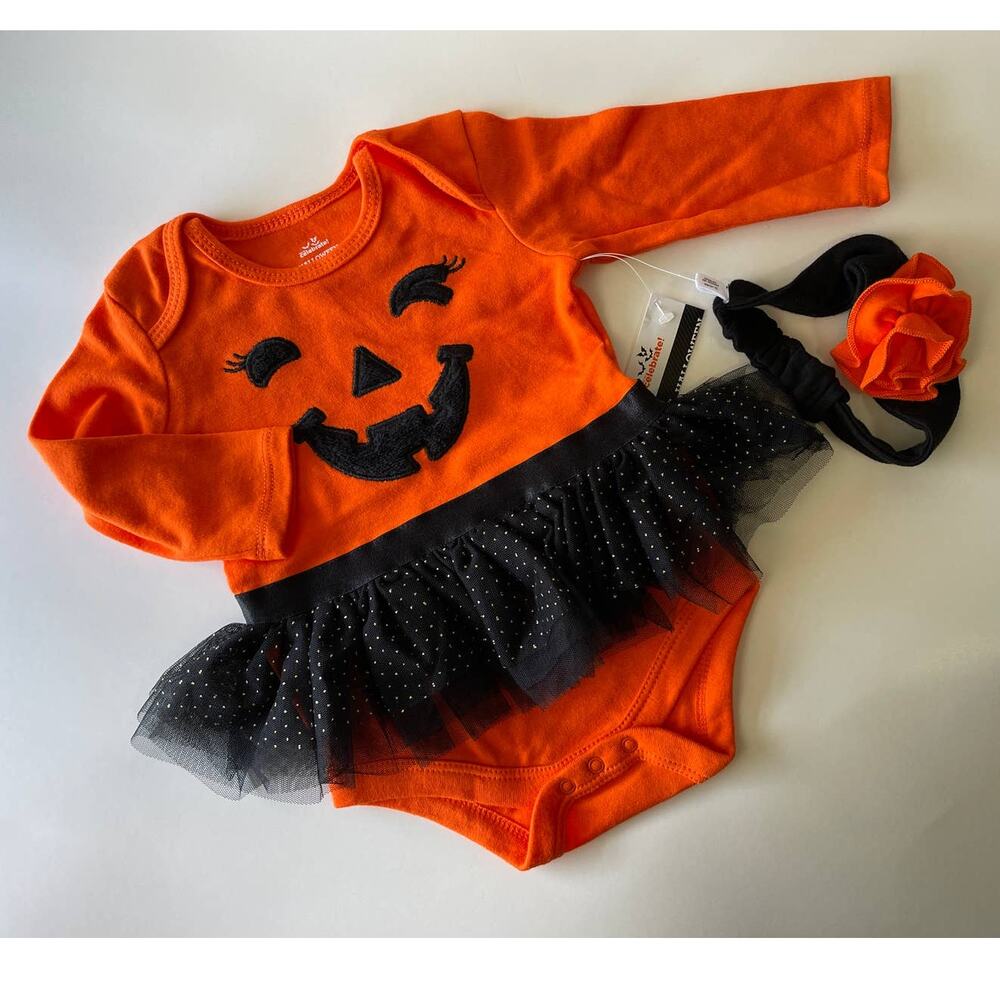 Way To Celebrate Halloween Pumpkin Bodysuit Costume 2 Piece Set 3-6 Months NEW